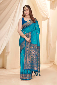 Cyan Blue Soft Silk Floral Border Contrast Zari Woven Saree