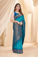 Cyan Blue Soft Silk Floral Border Contrast Zari Woven Saree