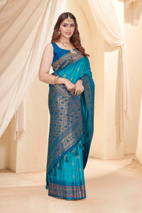 Cyan Blue Soft Silk Floral Border Contrast Zari Woven Saree