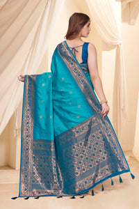 Cyan Blue Soft Silk Floral Border Contrast Zari Woven Saree