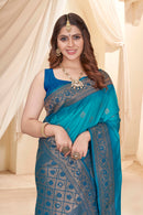 Cyan Blue Soft Silk Floral Border Contrast Zari Woven Saree