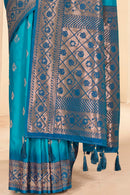 Cyan Blue Soft Silk Floral Border Contrast Zari Woven Saree