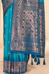 Cyan Blue Soft Silk Floral Border Contrast Zari Woven Saree