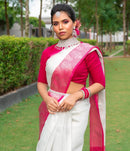 White & Pink Border Kanjipuram Soft Silk Saree