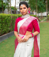 White & Pink Border Kanjipuram Soft Silk Saree