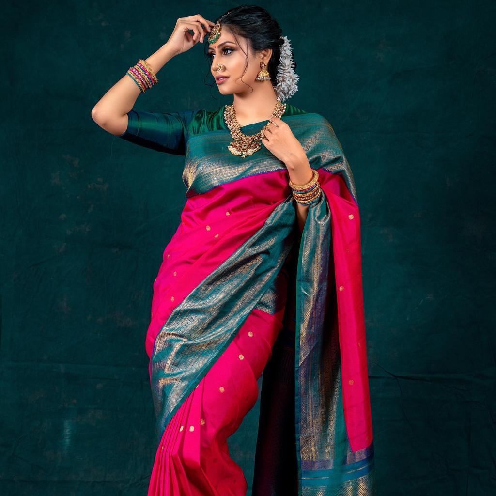 Red With Green Broder Combition Soft Silk Finish Saree Weaving