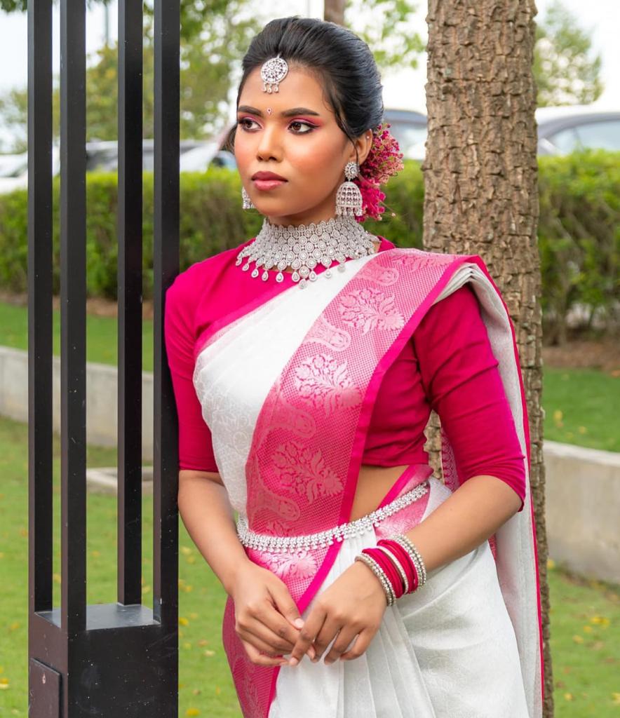 White & Pink Border Kanjipuram Soft Silk Saree
