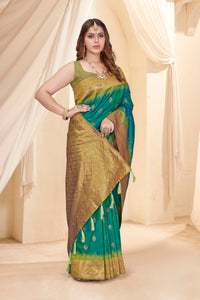 Green Soft Silk Floral Border Contrast Zari Woven Saree