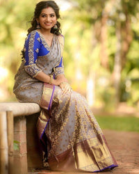 Gery Color With blue Blouse Golden Fulda Soft Silk Kantivati Saree Weaving