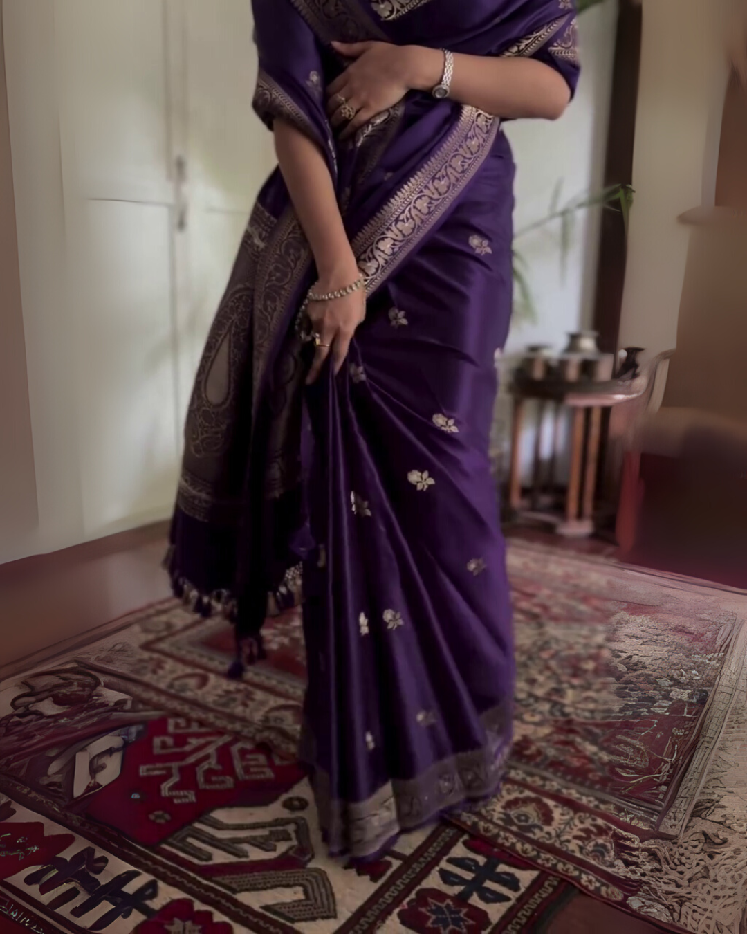 Rohini - Purple Banarasi Silk Saree with Silver Zari Border & Butta Weave