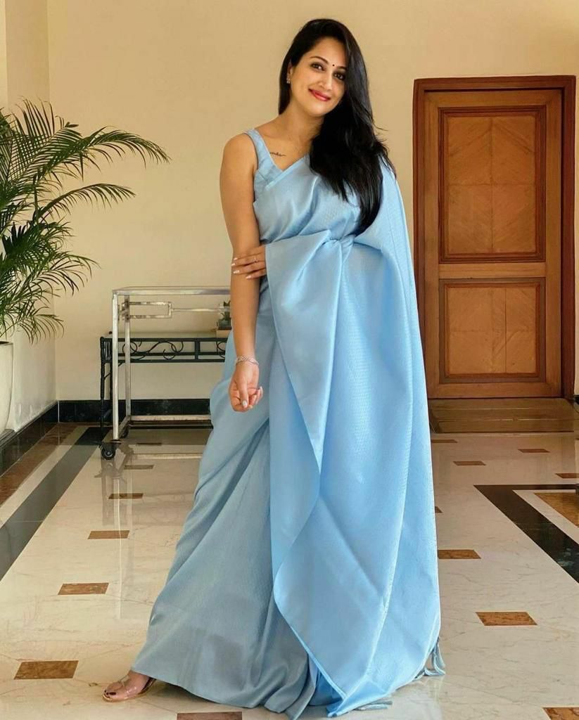 Ladies Sky Blue Color Soft Lichi Silk Saree