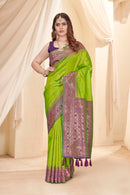 Parrot Green Soft Silk Floral Border Contrast Zari Woven Saree