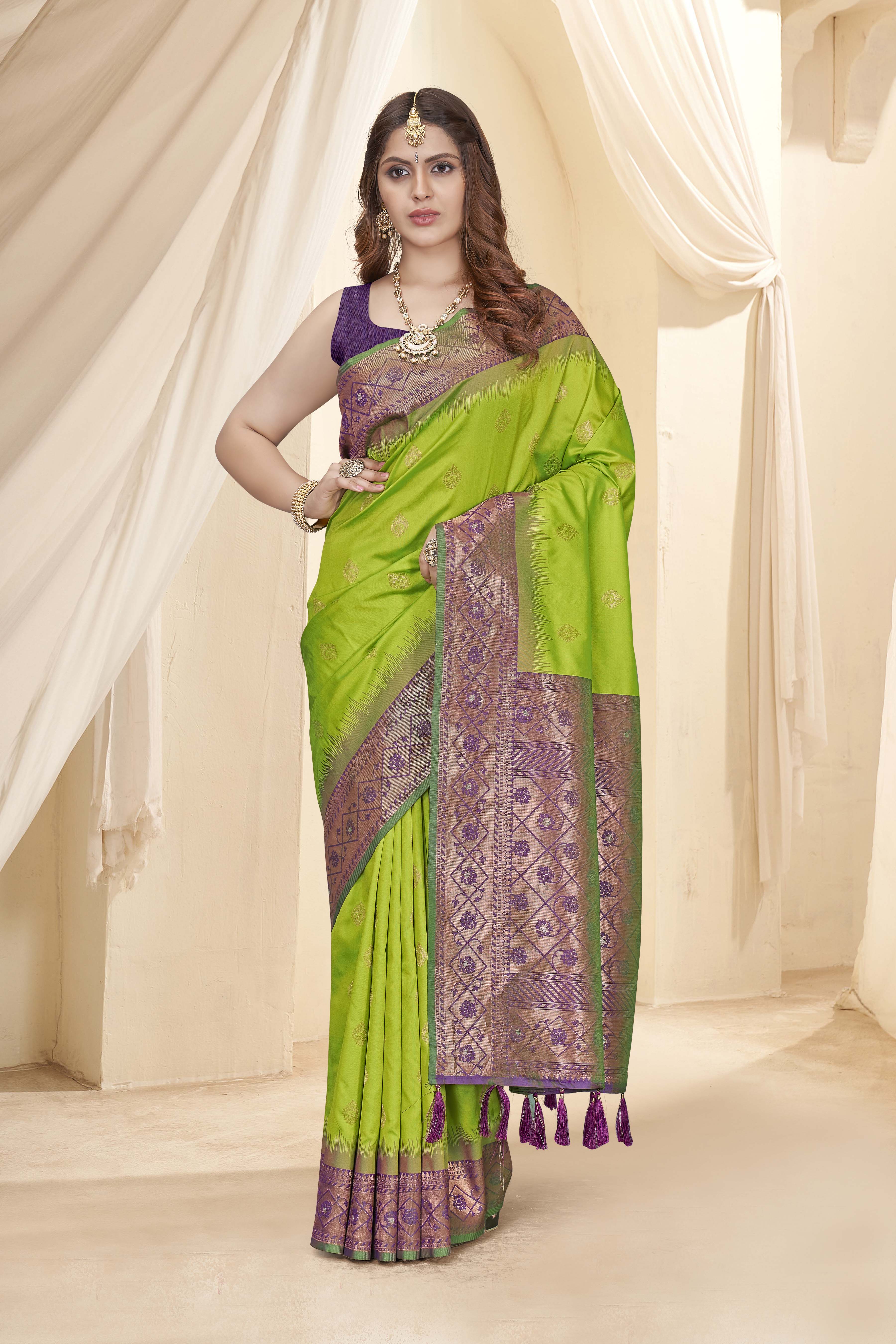 Parrot Green Soft Silk Floral Border Contrast Zari Woven Saree