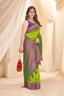 Parrot Green Soft Silk Floral Border Contrast Zari Woven Saree