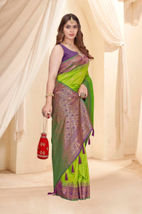 Parrot Green Soft Silk Floral Border Contrast Zari Woven Saree