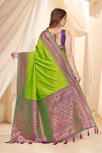 Parrot Green Soft Silk Floral Border Contrast Zari Woven Saree