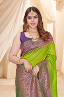 Parrot Green Soft Silk Floral Border Contrast Zari Woven Saree
