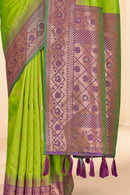 Parrot Green Soft Silk Floral Border Contrast Zari Woven Saree