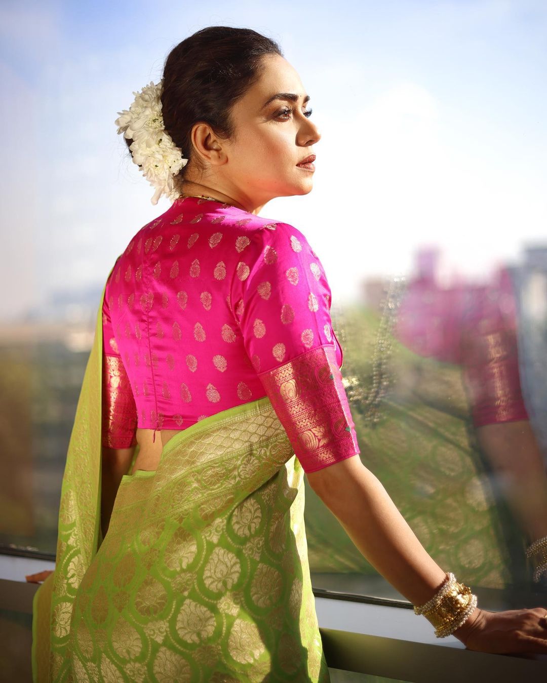 Lime Green Soft Silk Saree With Pink Border And Zari Pallu