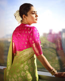 Lime Green Soft Silk Saree With Pink Border And Zari Pallu