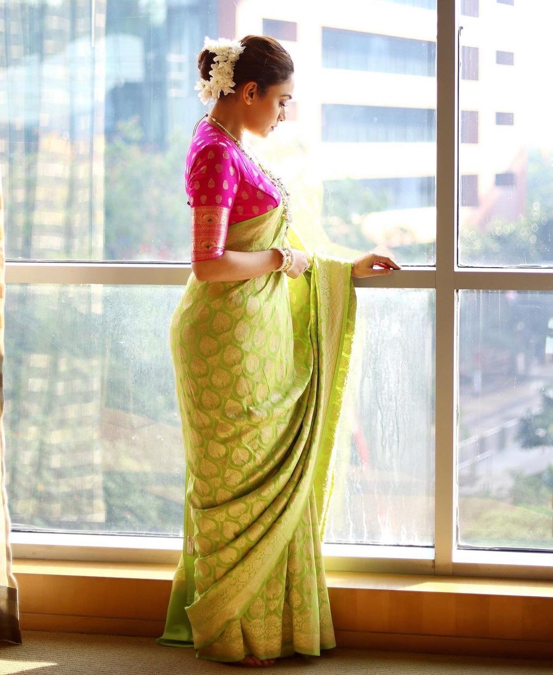 Lime Green Soft Silk Saree With Pink Border And Zari Pallu