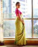 Lime Green Soft Silk Saree With Pink Border And Zari Pallu
