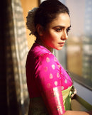 Lime Green Soft Silk Saree With Pink Border And Zari Pallu