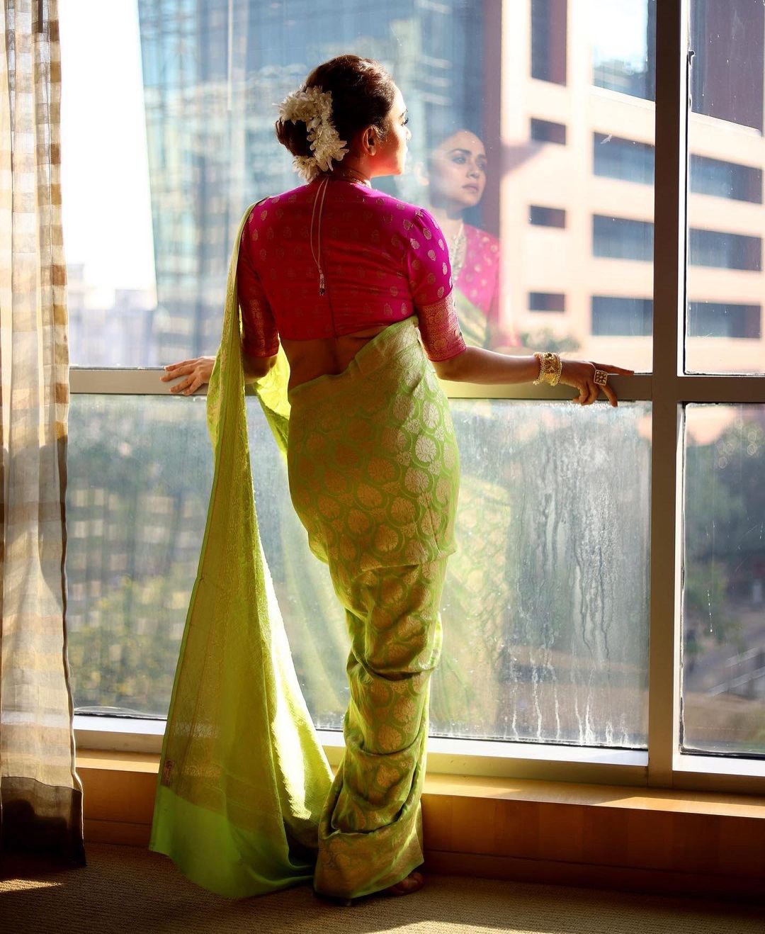 Lime Green Soft Silk Saree With Pink Border And Zari Pallu