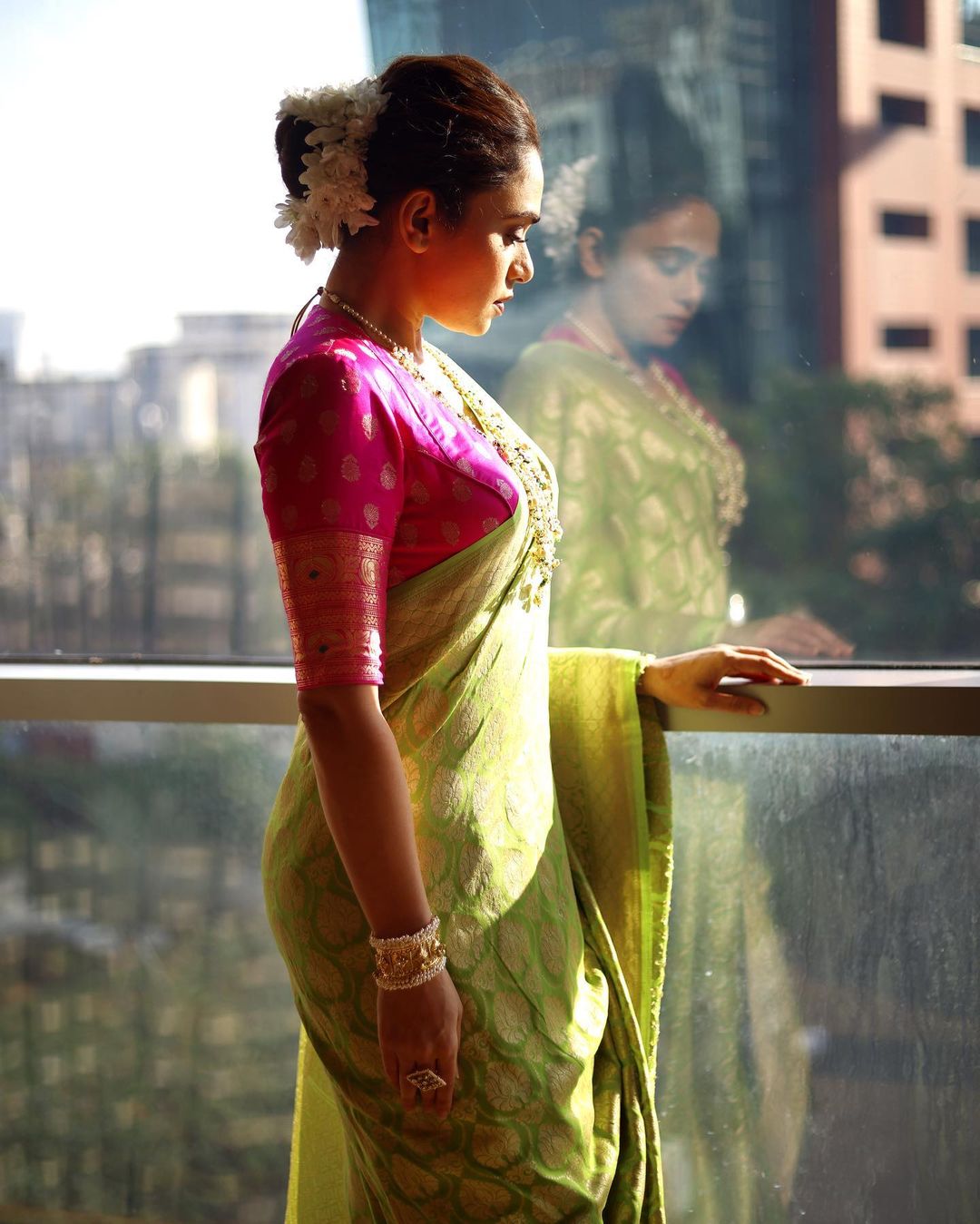 Lime Green Soft Silk Saree With Pink Border And Zari Pallu