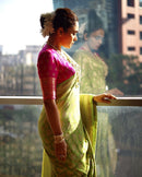 Lime Green Soft Silk Saree With Pink Border And Zari Pallu
