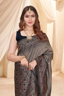 Grey Soft Silk Floral Border Contrast Zari Woven Saree