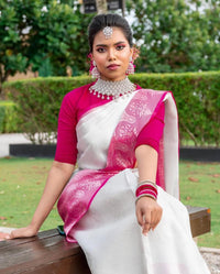 White & Pink Border Kanjipuram Soft Silk Saree