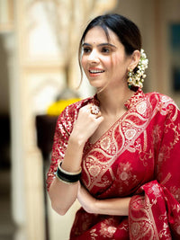 Hema Red Banarasi Silk Saree WIth Fabulouse Blouse Piece