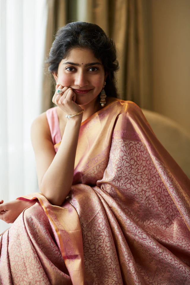 Baby Pink Designer Real Zari Soft Lichi Silk Saree