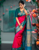 Red With Green Broder Combition Soft Silk Finish Saree Weaving