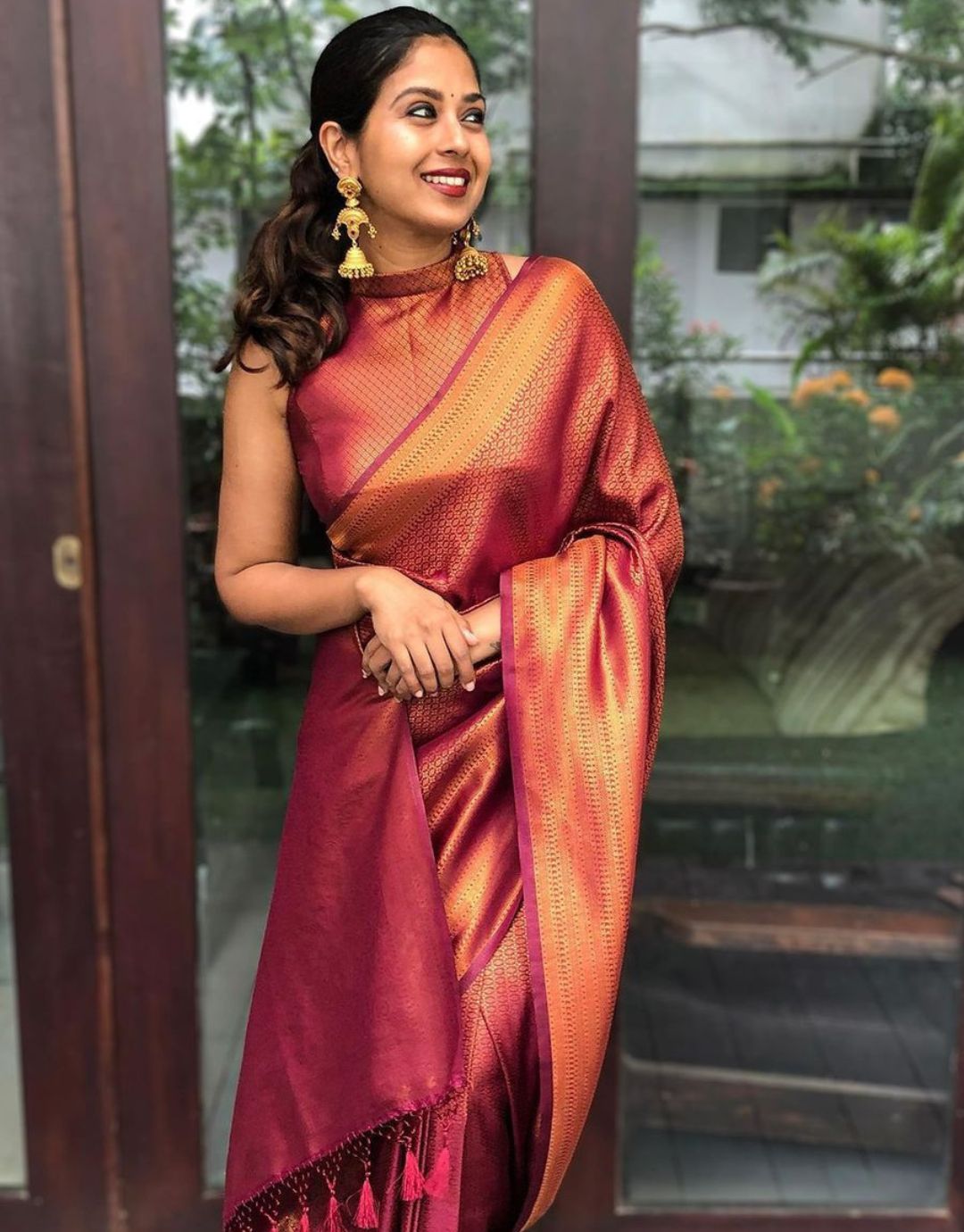 Bindu WIne Soft Banarasi SIlk Saree With Blouse Attached - ABHA