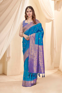 Rama Blue Soft Silk Floral Border Contrast Zari Woven Saree