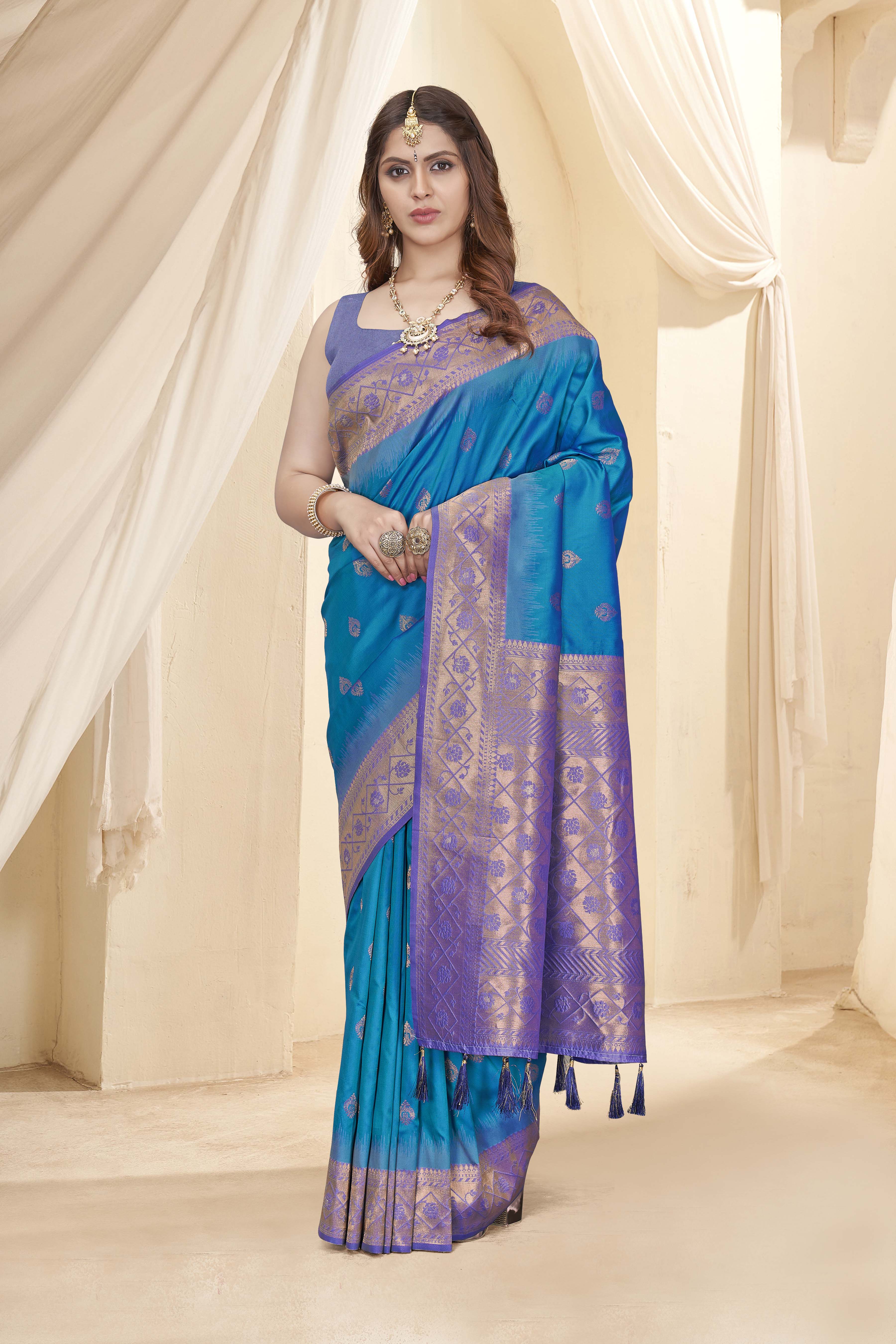 Rama Blue Soft Silk Floral Border Contrast Zari Woven Saree