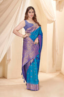 Rama Blue Soft Silk Floral Border Contrast Zari Woven Saree