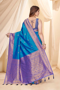 Rama Blue Soft Silk Floral Border Contrast Zari Woven Saree