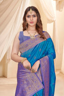 Rama Blue Soft Silk Floral Border Contrast Zari Woven Saree
