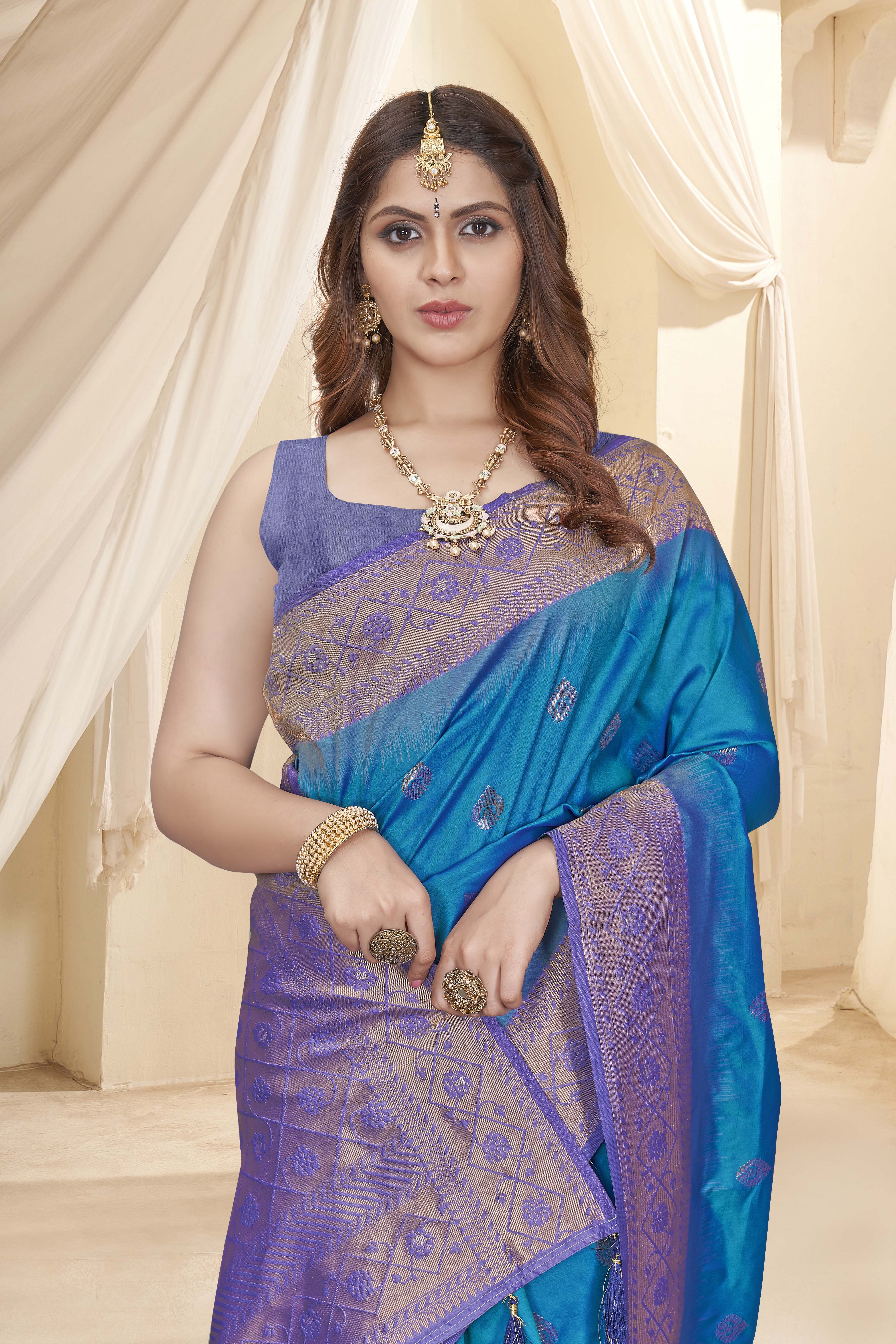 Rama Blue Soft Silk Floral Border Contrast Zari Woven Saree