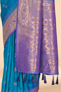 Rama Blue Soft Silk Floral Border Contrast Zari Woven Saree