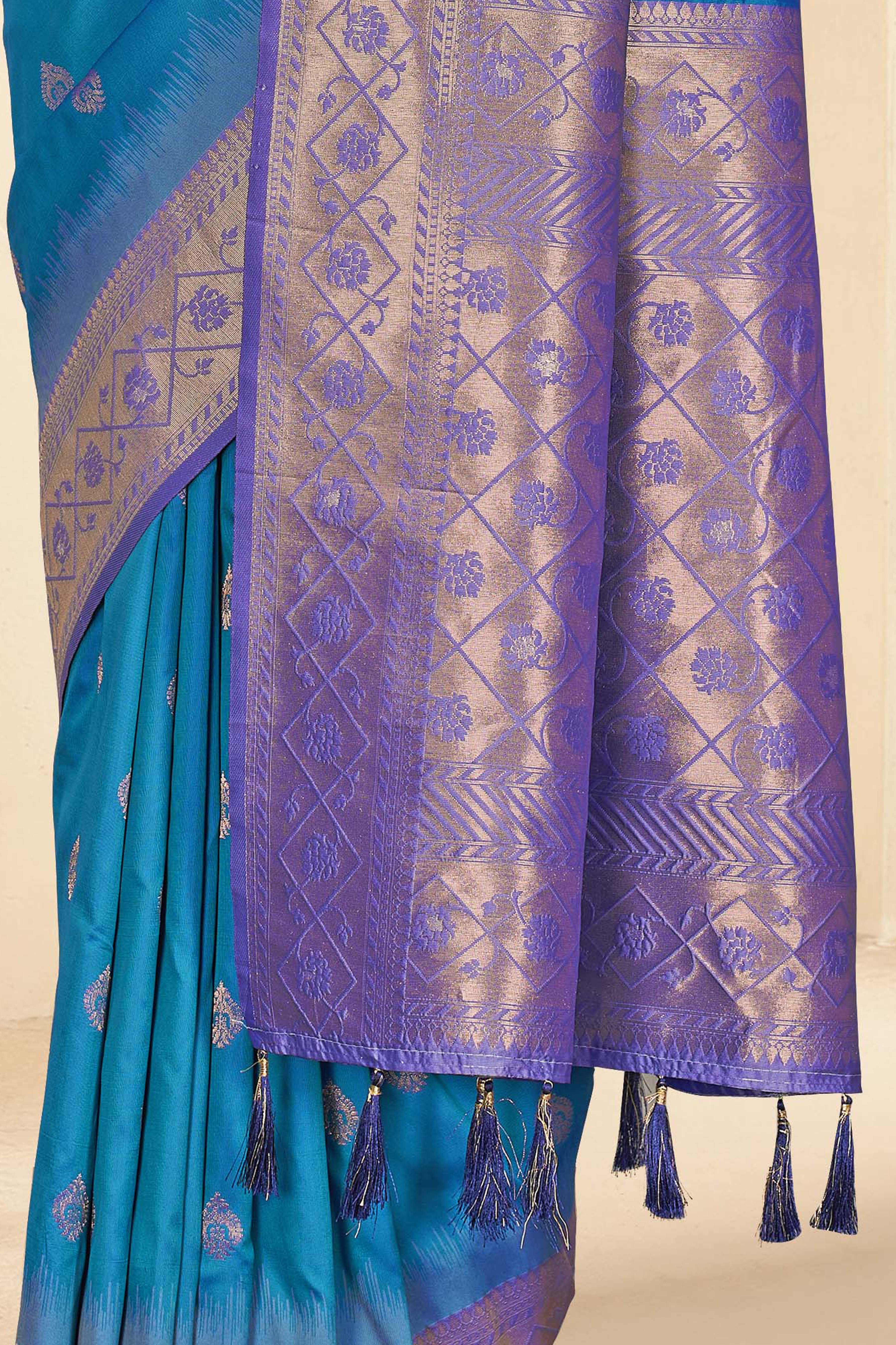 Rama Blue Soft Silk Floral Border Contrast Zari Woven Saree