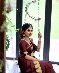 Valiba Beautiful Dark Maroon & Golden Jacquard Work Silk Designer Sarees