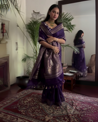 Rohini - Purple Banarasi Silk Saree with Silver Zari Border & Butta Weave