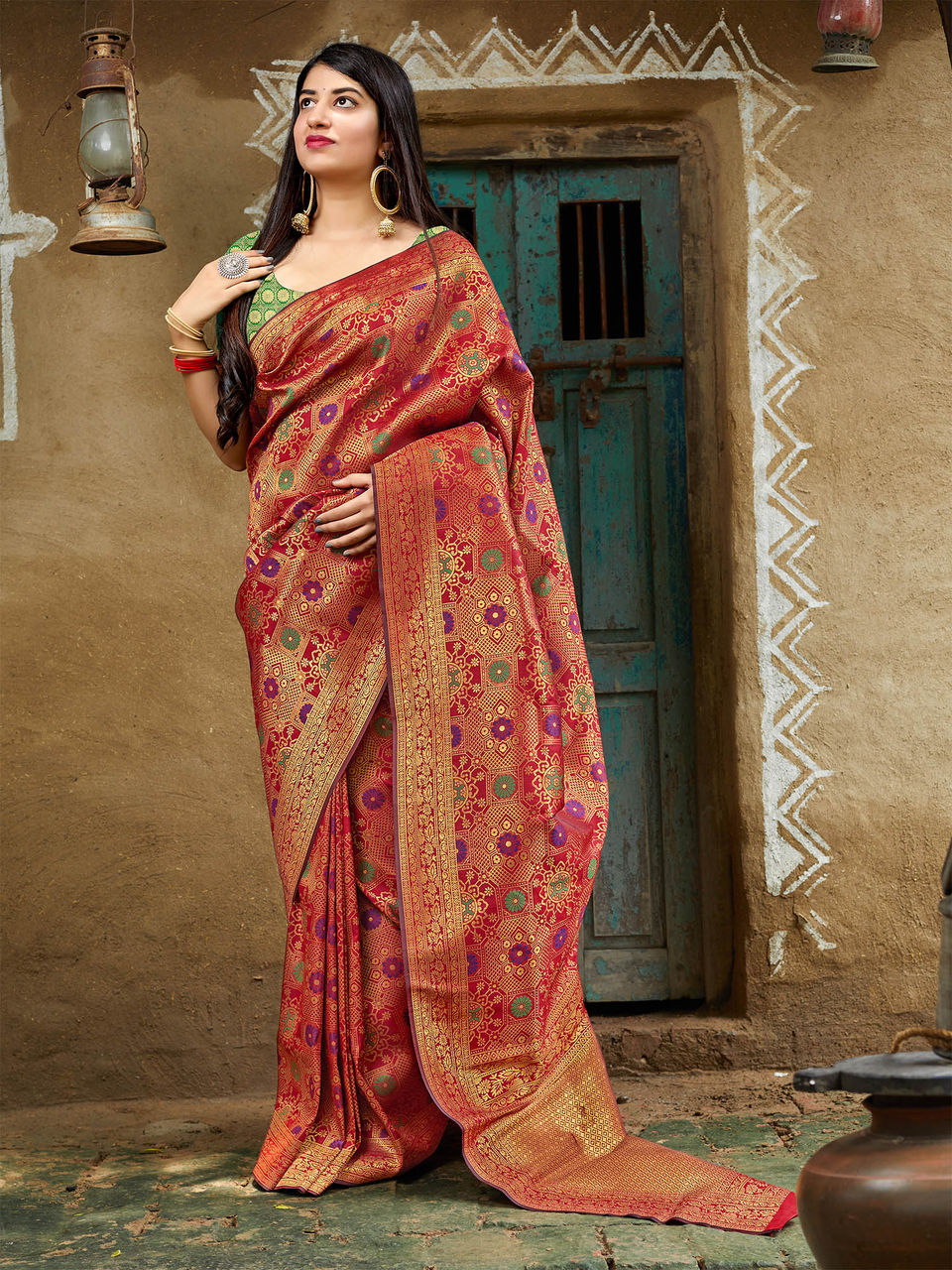 Red With Green Butta Soft Silk Banarasi Saree