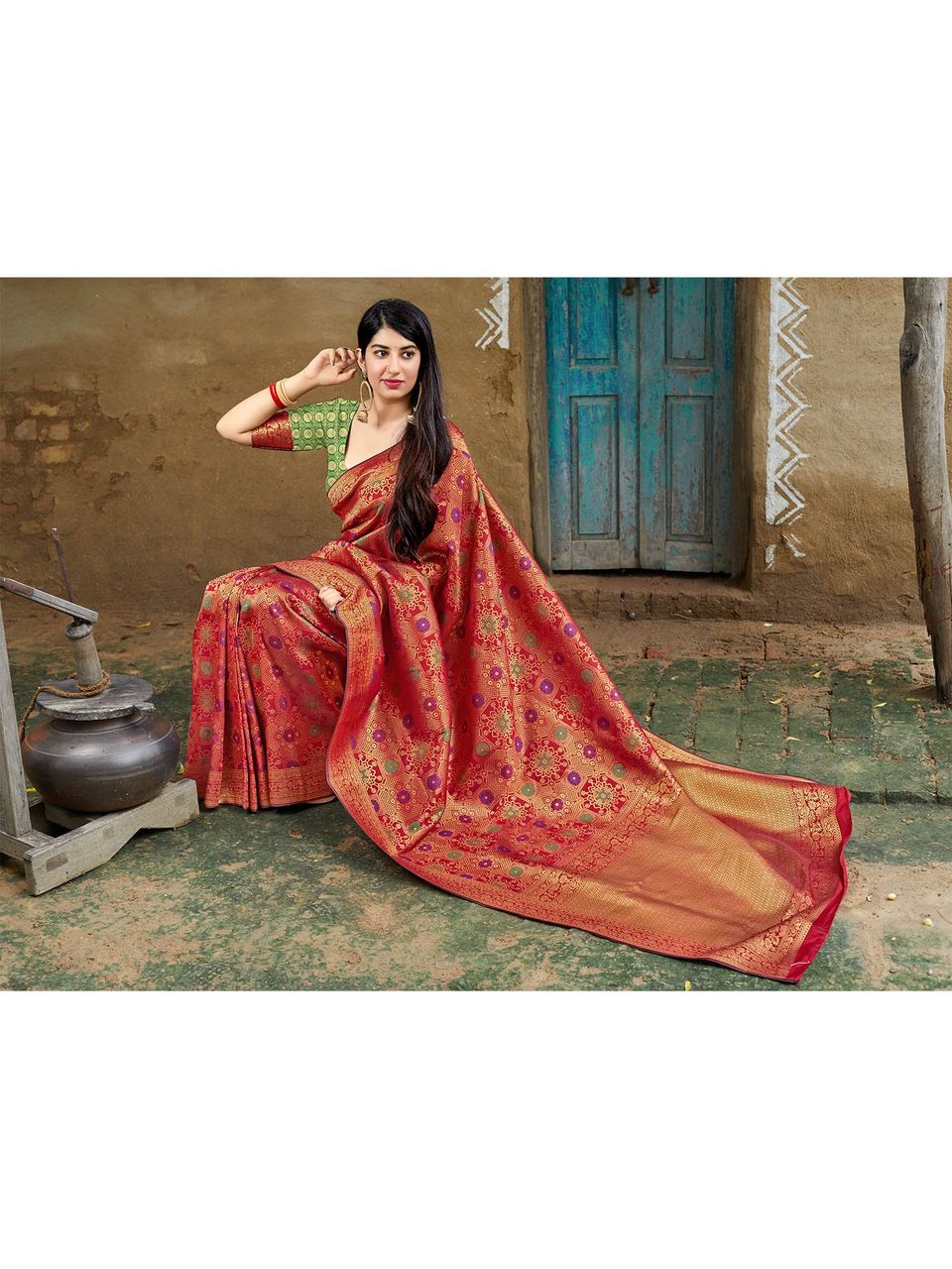 Red With Green Butta Soft Silk Banarasi Saree