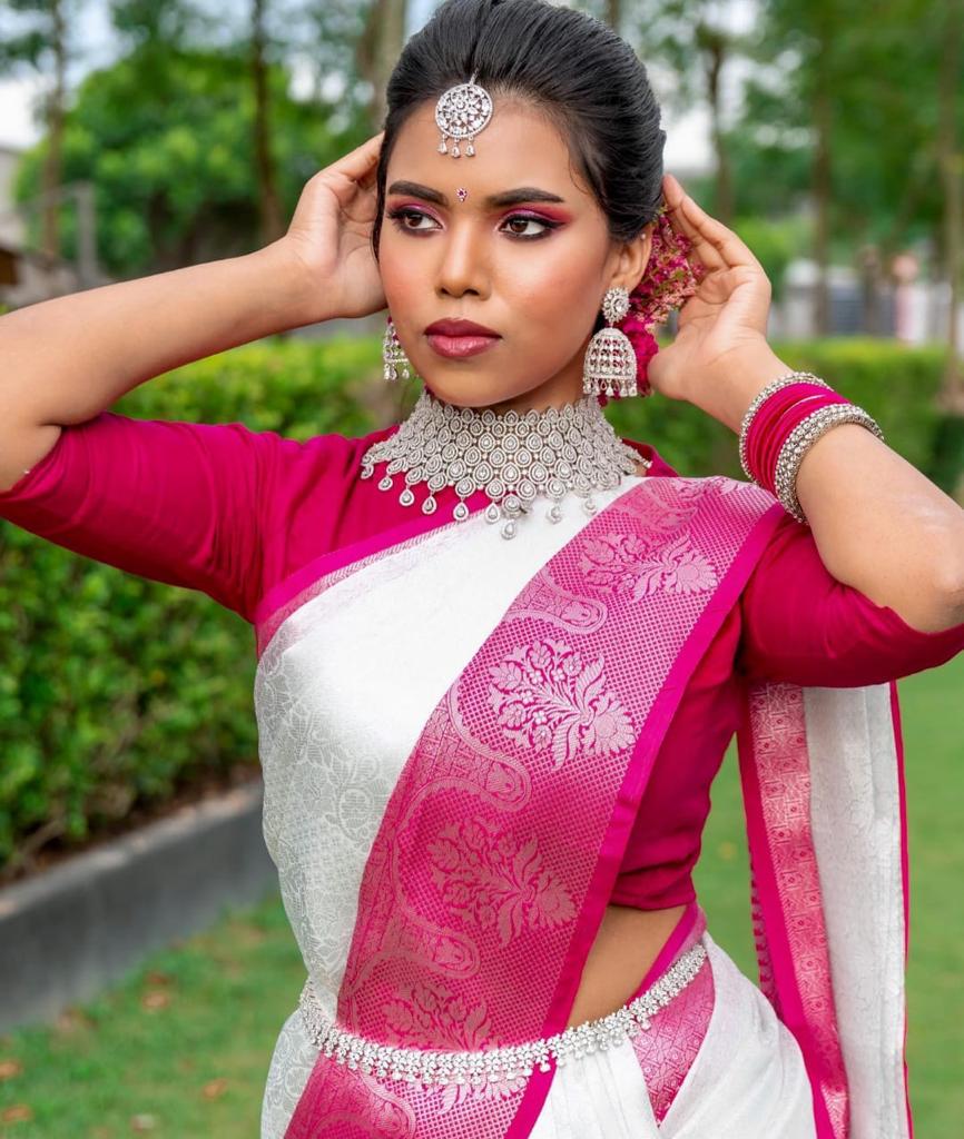 White & Pink Border Kanjipuram Soft Silk Saree