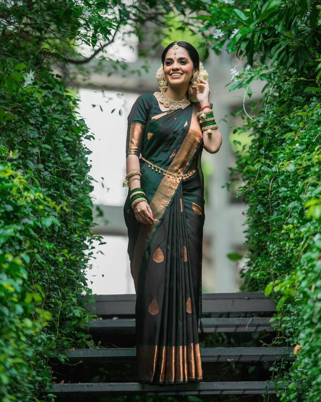Wedding Special Dark Green Jacquard Work Saree